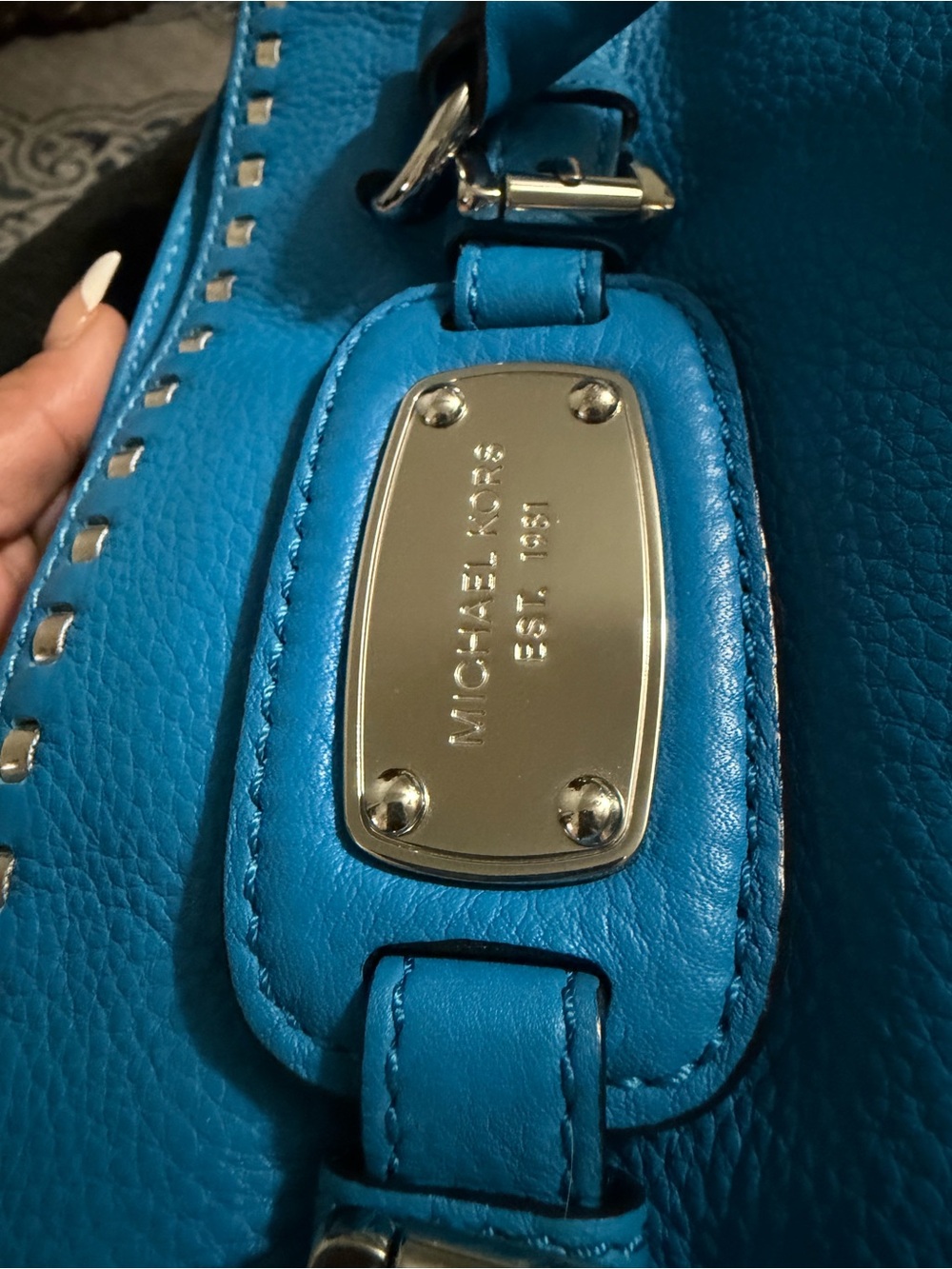 Michael Kors Bright Turquoise Leather Satchel with Stud Accents - Picture 3 of 9